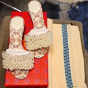 Tory Burch Tatiana Beaded Pearl Slide Sandals Size 5 1/2